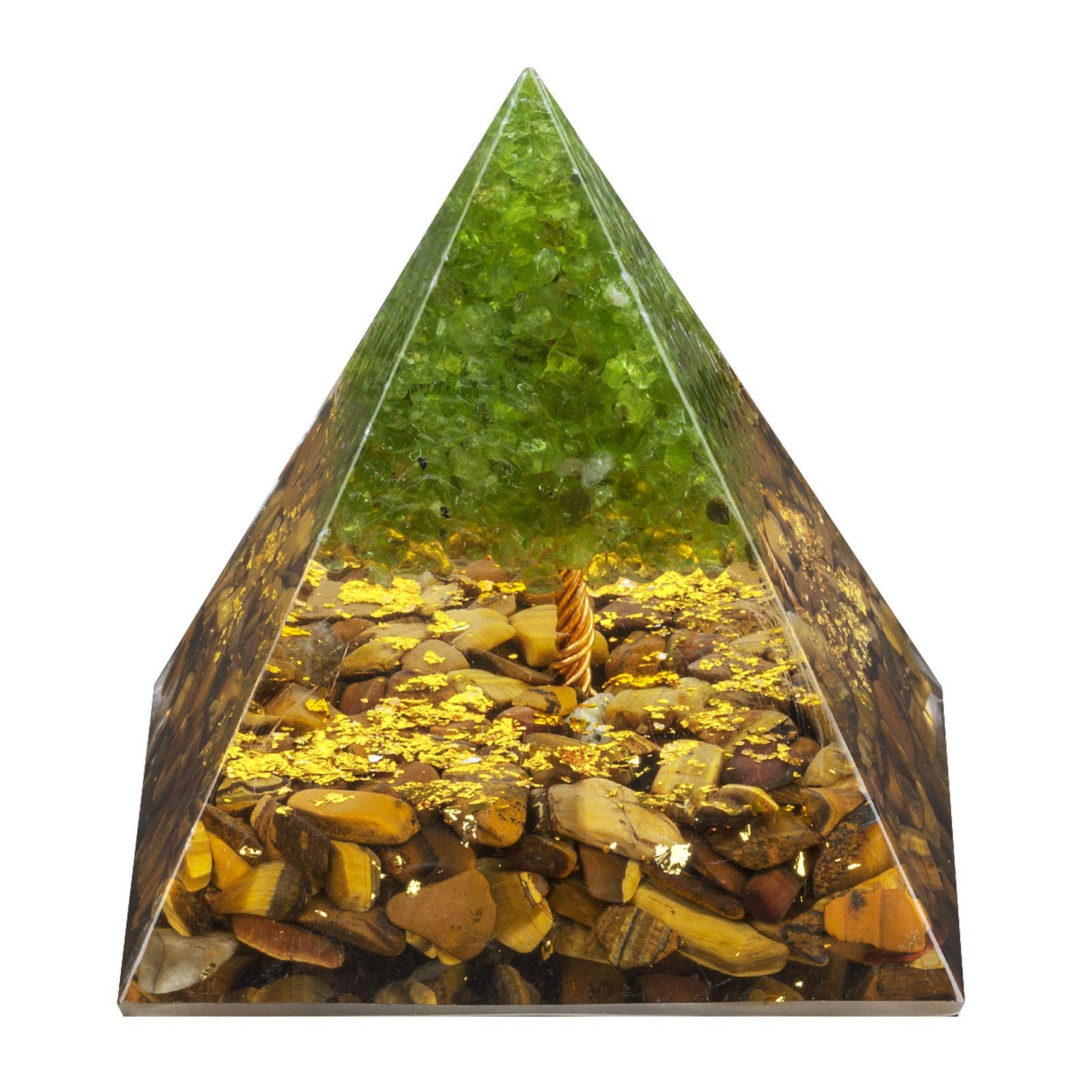 Rockcloud Tree of Life Orgone Pyramid with Tiger's Eye, top view for meditation and focus