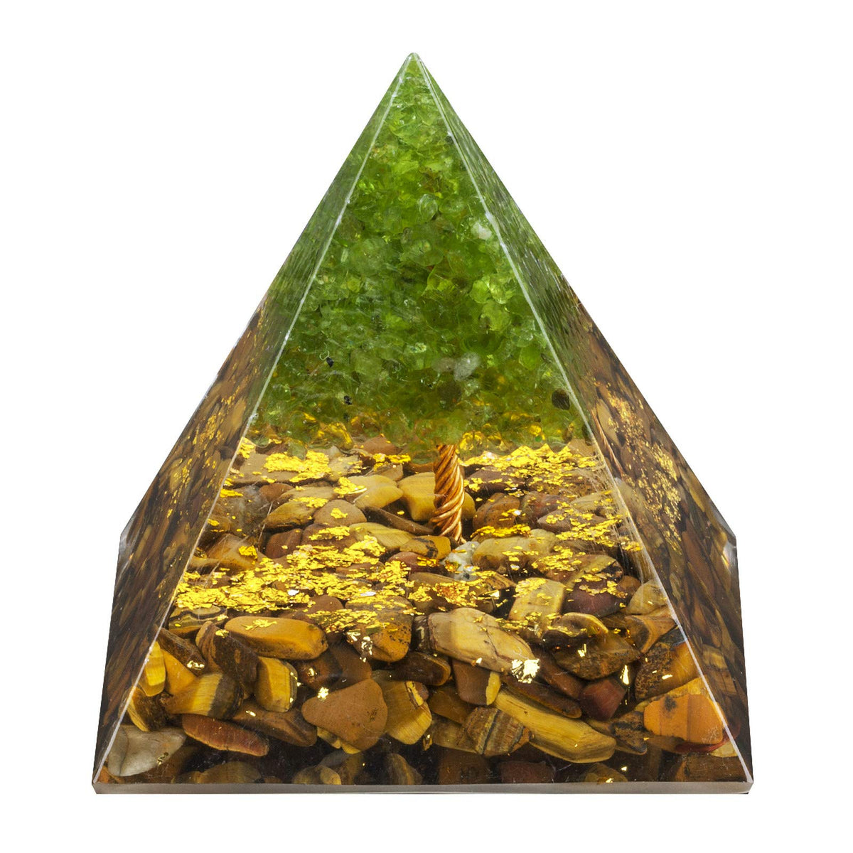 Rockcloud Tree of Life Orgone Pyramid with Tiger's Eye, top view for meditation and focus