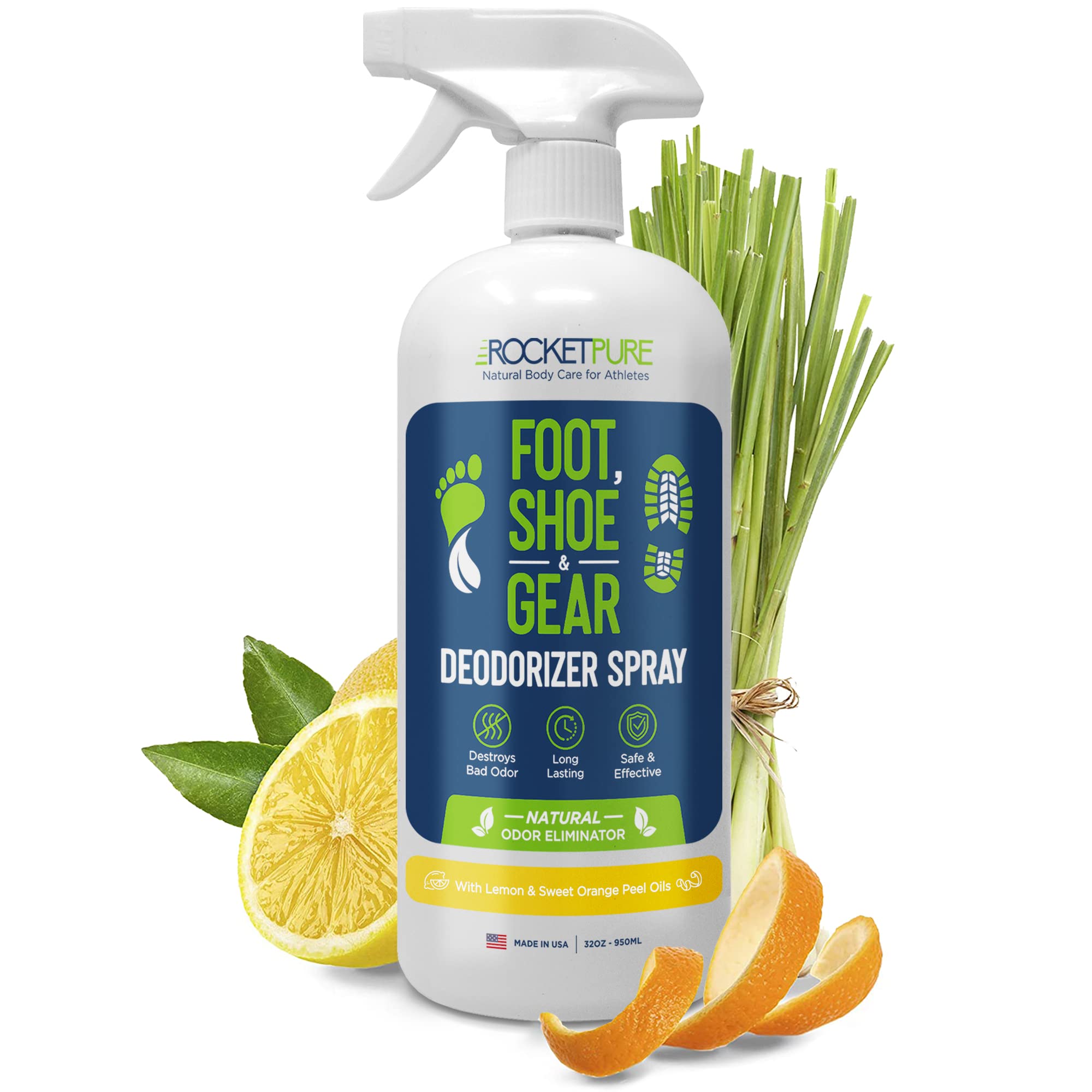 Rocket Pure lemon foot deodorizer spray bottle delivering fresh sneakers.