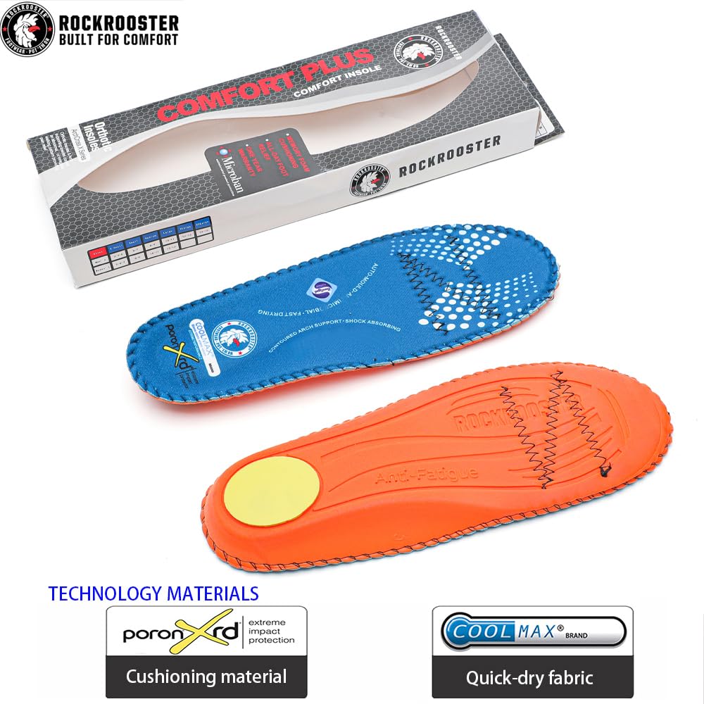 Rockrooster anti-fatigue insoles wide-fit design fits bulky boots comfortably.