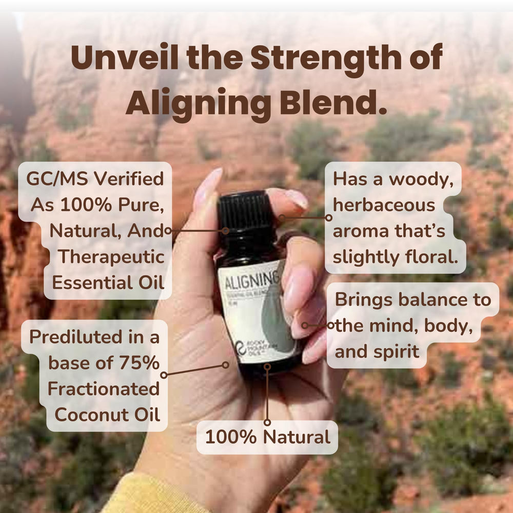 Aligning bottle on table featuring chamomile blend for emotional centering