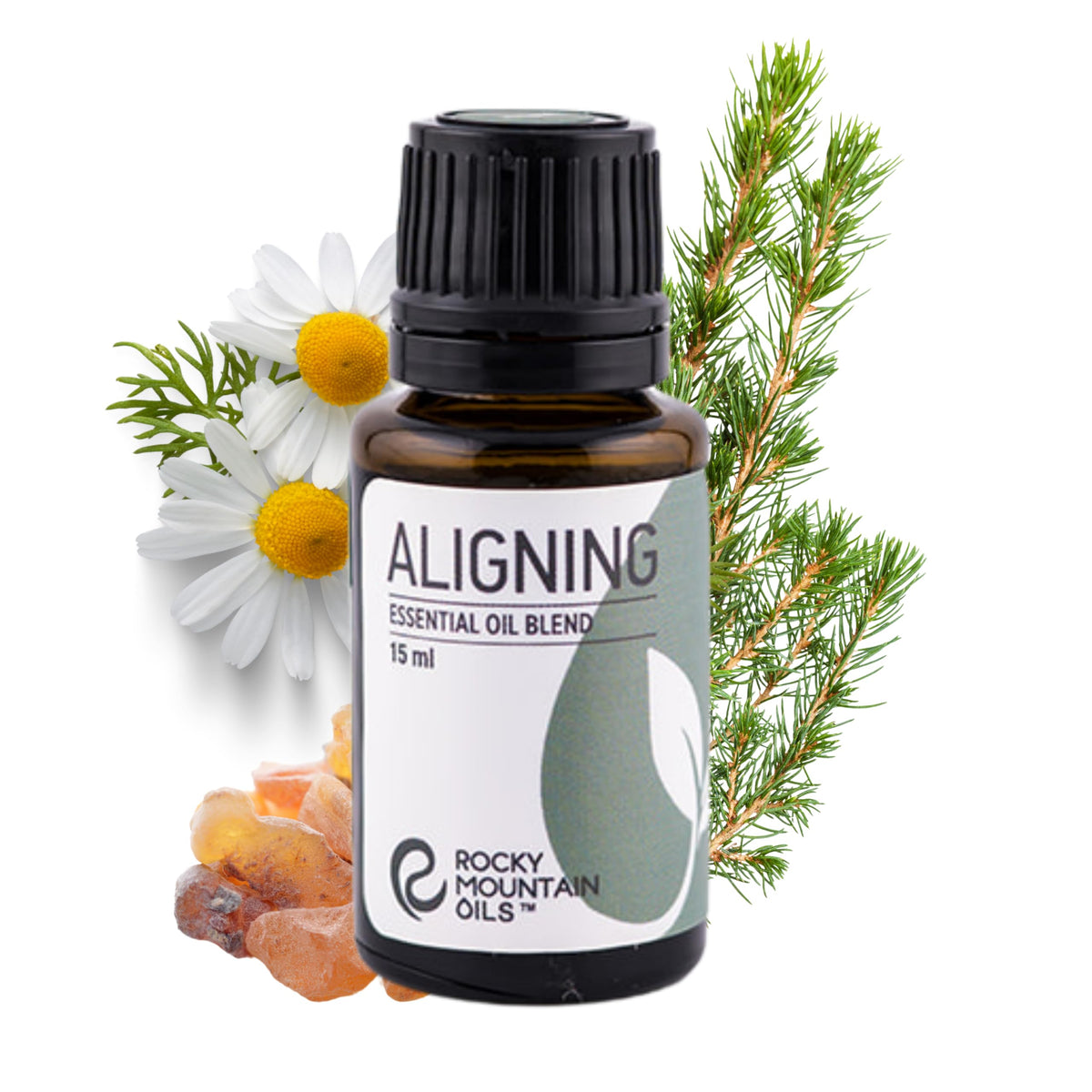 Rocky Mountain Oils Aligning bottle pour with woodsy aroma for calm focus