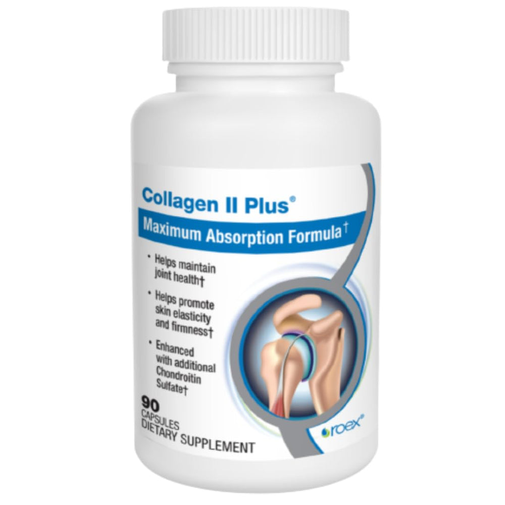 Roex Collagen II Plus bottle close-up for joint support benefits.