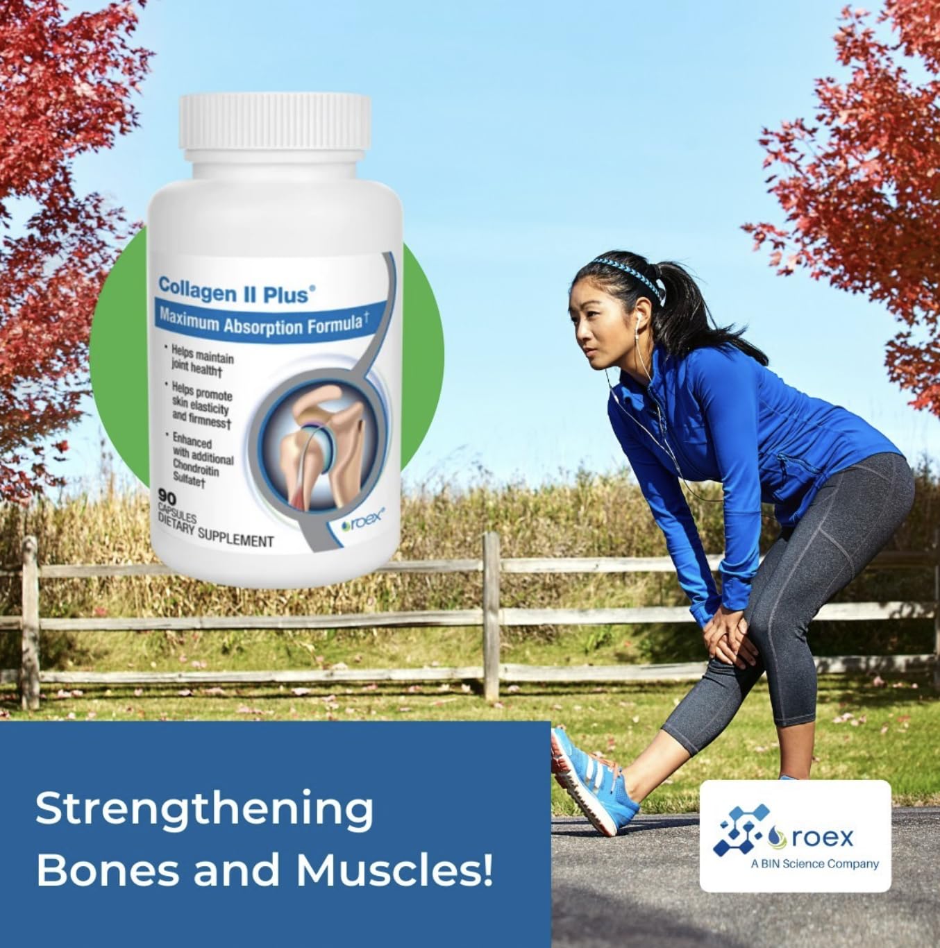 Roex Collagen II Plus capsules on a plate suggest daily joint nourishment.