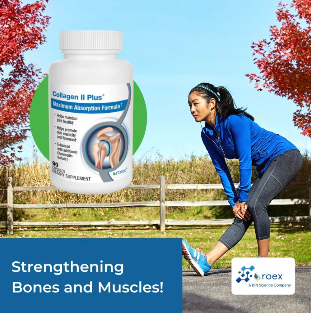 Roex Collagen II Plus capsules on a plate suggest daily joint nourishment.