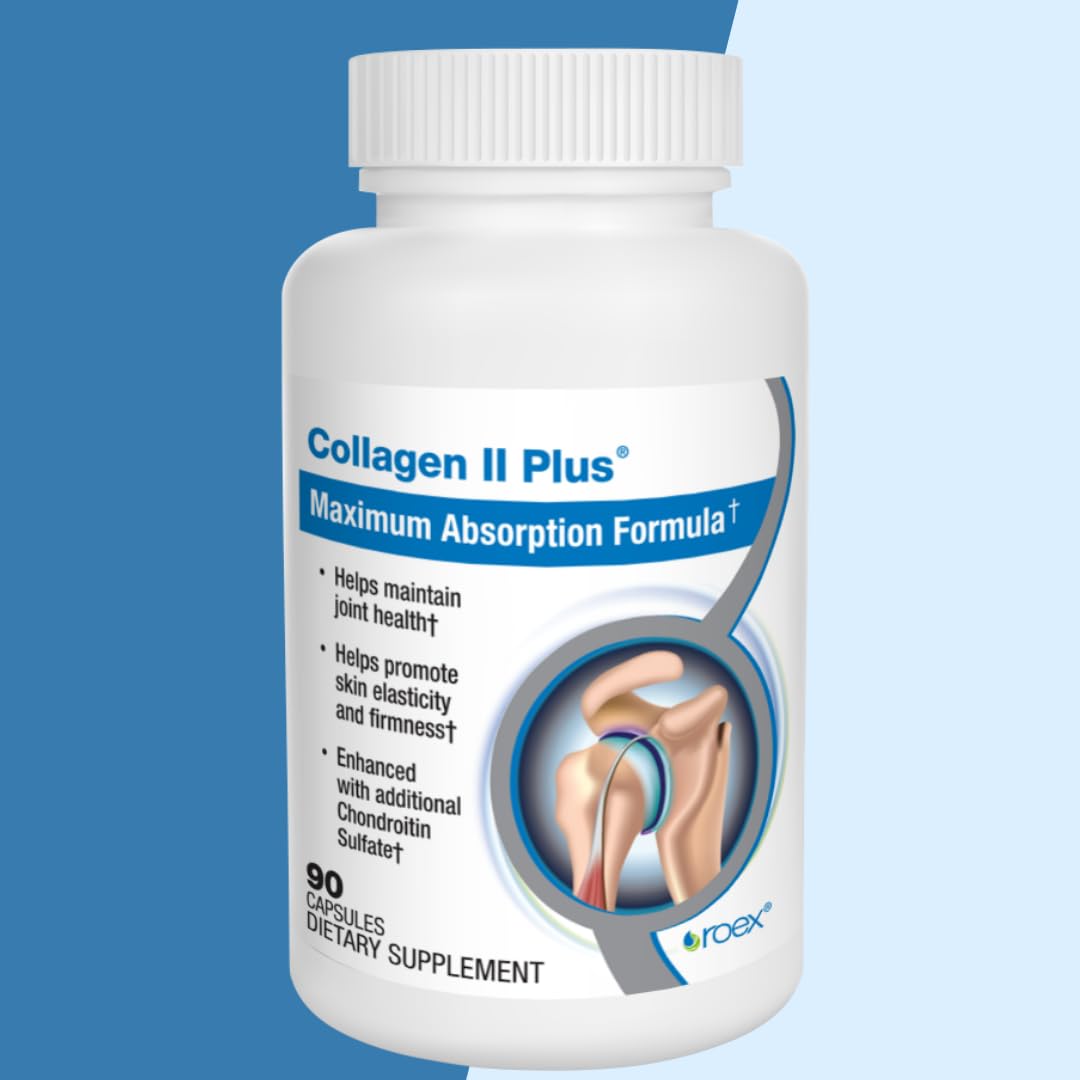 Roex Collagen II Plus bottle and pills with meal plan context.