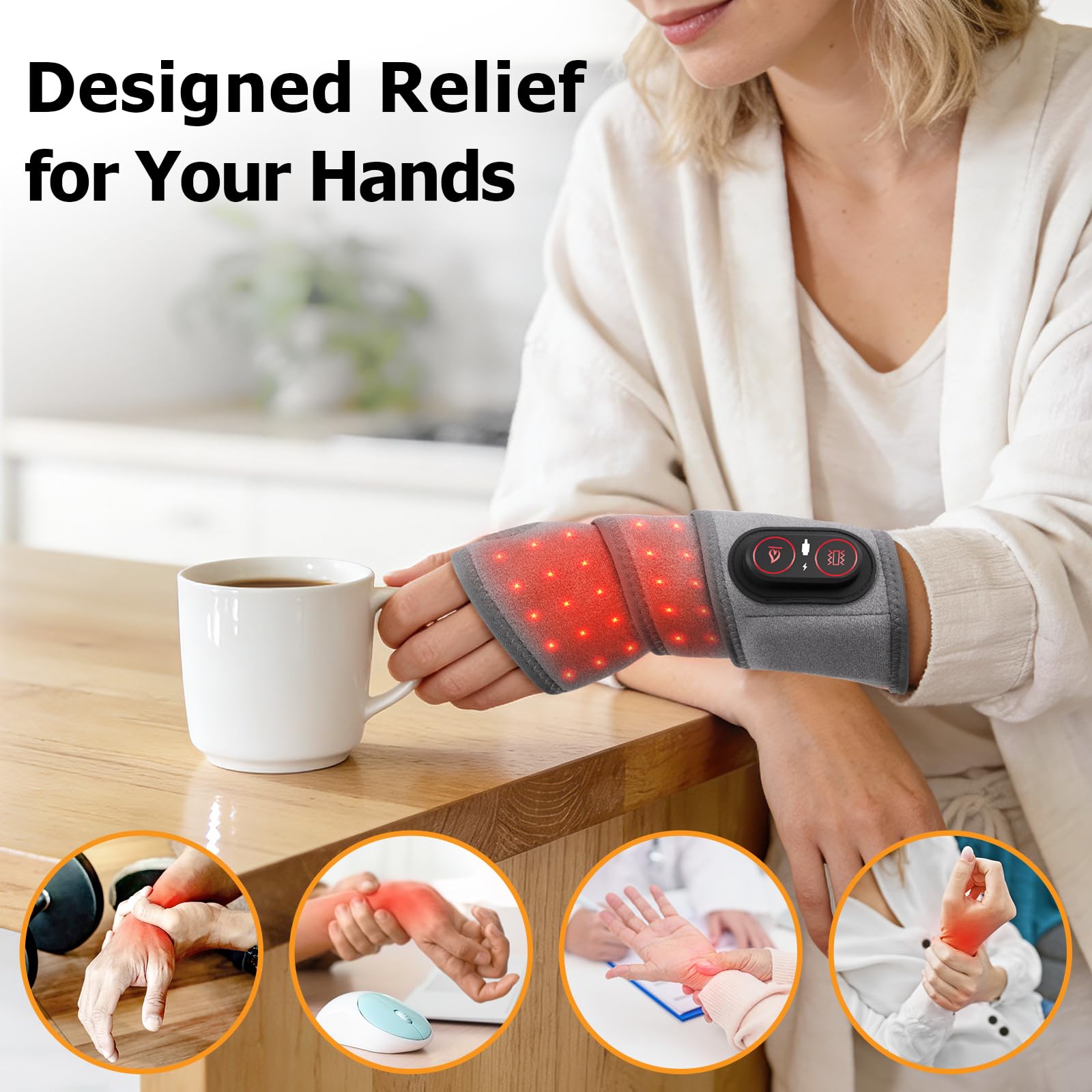 ROHVEMJ wrist massager shows heat and red light therapy for comfort.