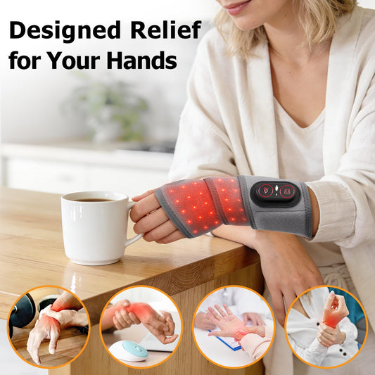 ROHVEMJ wrist massager shows heat and red light therapy for comfort.