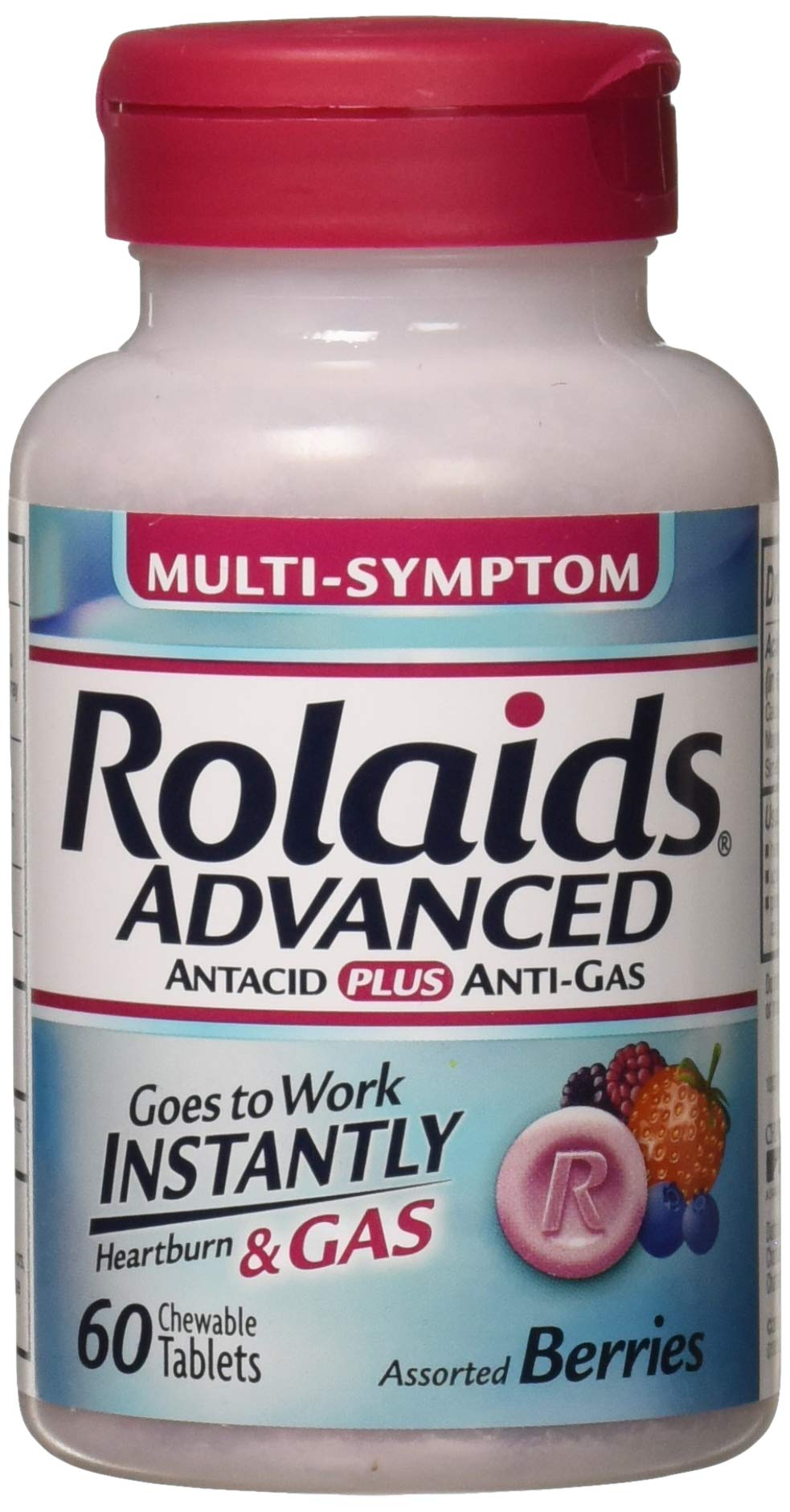 Rolaids Advanced Antacid Mixed Berry bottle front for convenient relief on the go.