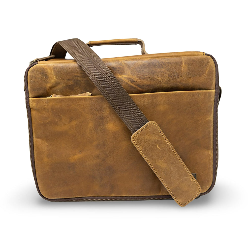 ROMFRE CPAP travel bag front view, walnut leather, easy access to CPAP gear on the go.
