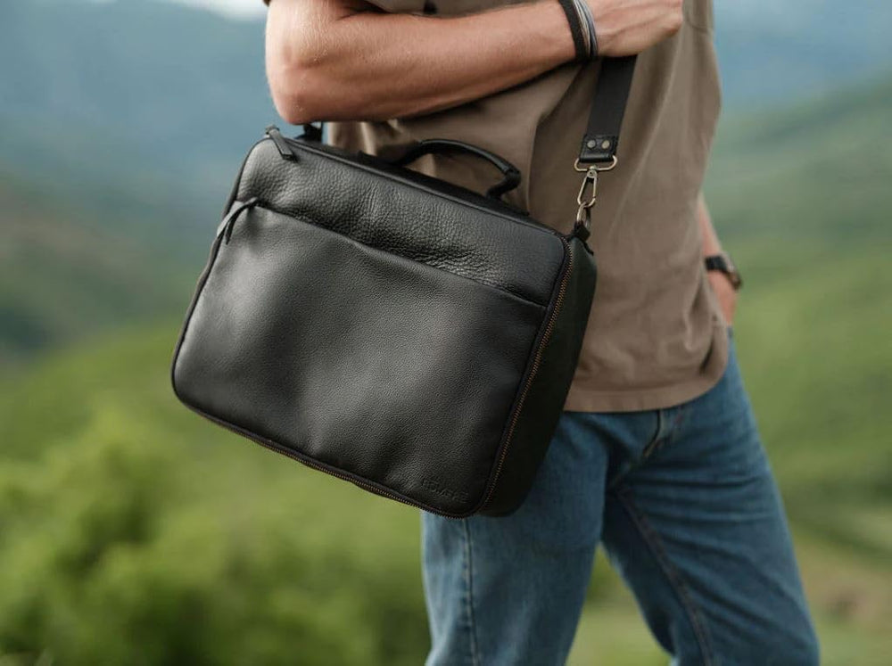 ROMFRE CPAP travel bag walnut leather finish signals premium craftsmanship.