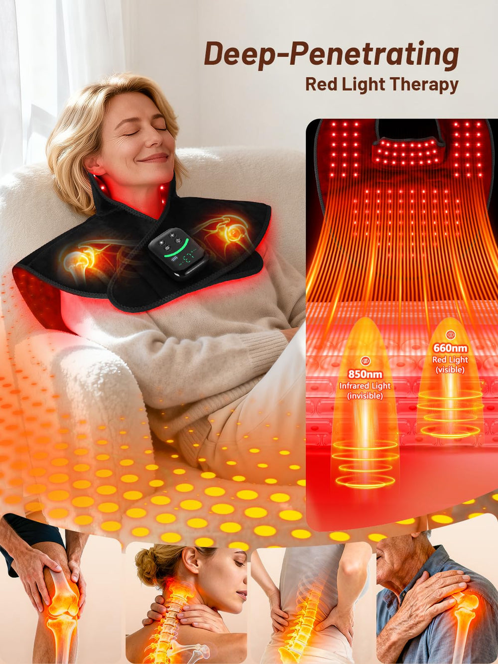ROMISA 660nm red and 850nm infrared lights provide deep, comforting warmth