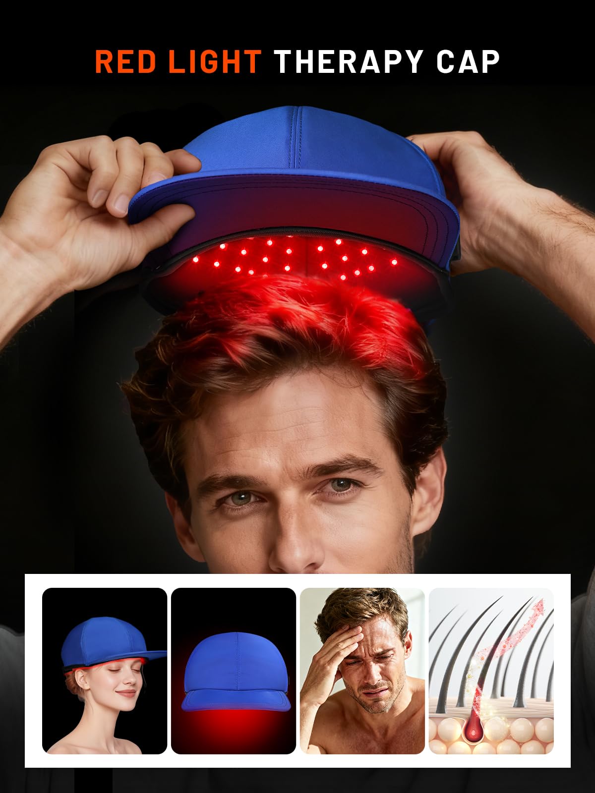 ROMISA Red Light Cap worn during daily routines for hands-free therapy.