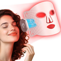 ROMISA red light mask close-up showing four modes for full-face care at home