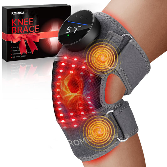 ROMISA red light therapy knee brace front view showing cordless design for on-the-go relief.