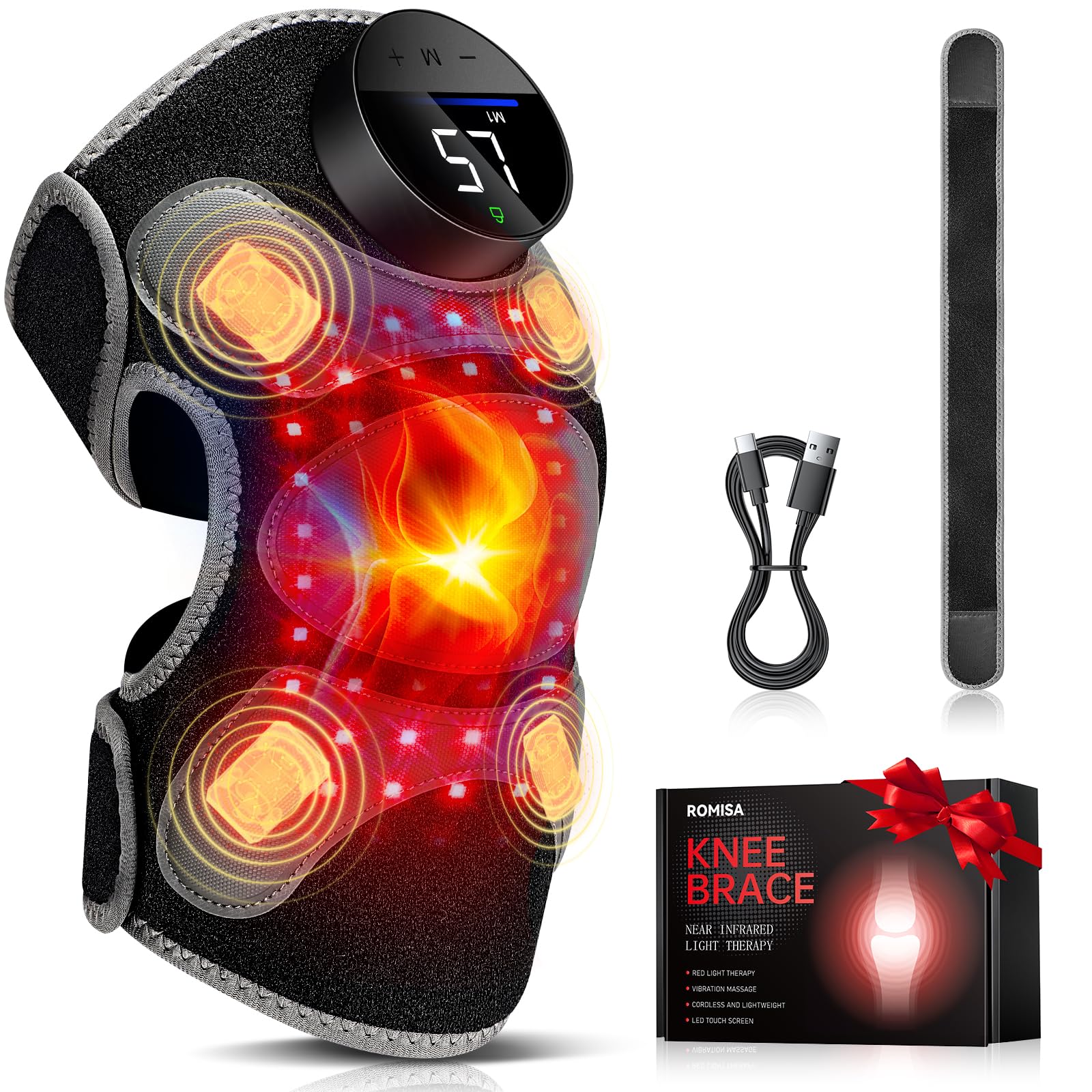 ROMISA Upgraded PRO knee brace front view with red light panel and adjustable strap for daily use