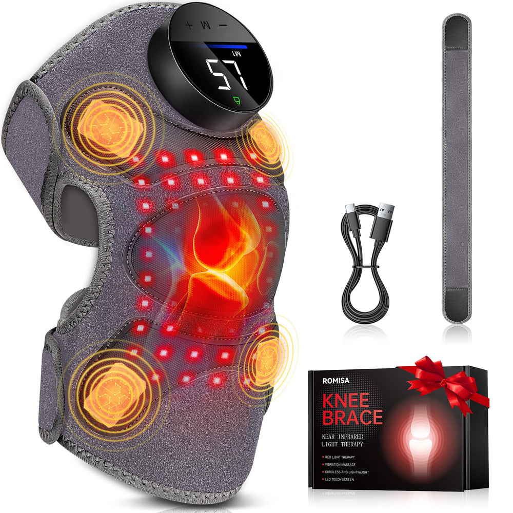 ROMISA Upgraded PRO red light knee brace front view highlights targeted therapy for joint comfort.
