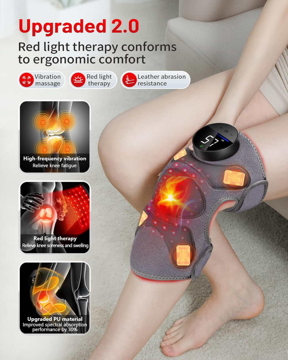 ROMISA Upgraded PRO red light knee brace vibration modes on device for customized massage.