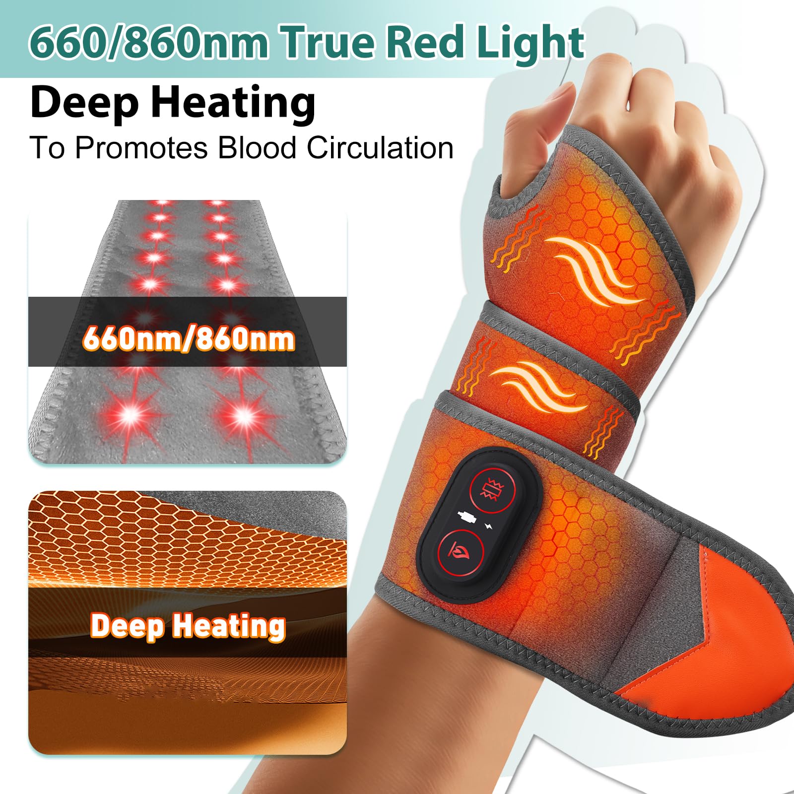 ROMYSE wrist heating pad on right hand illustrating ergonomic fit