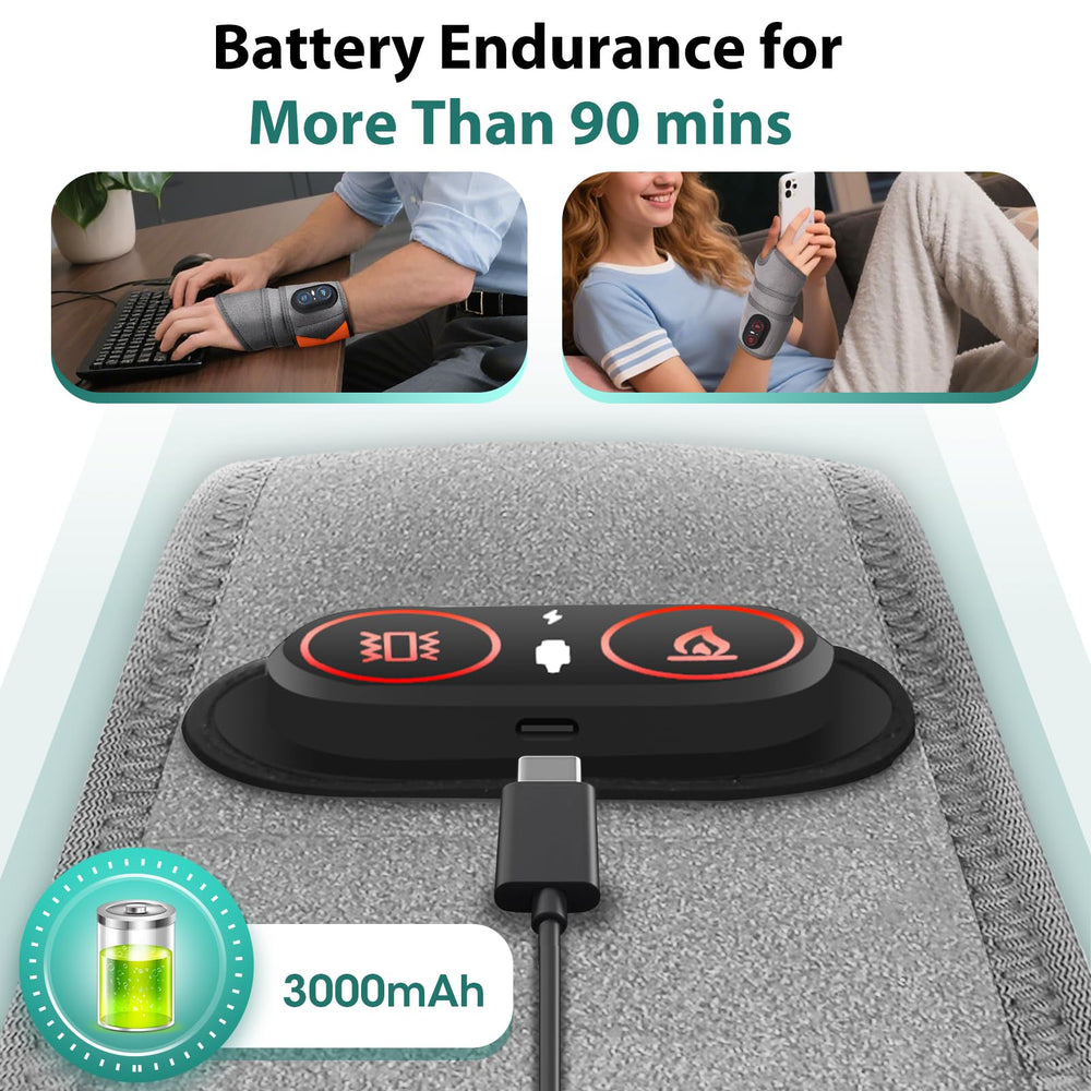 ROMYSE wrist heating pad in action with vibration massage feature