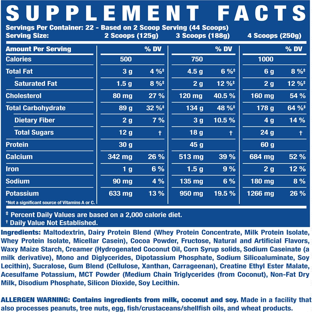 Ronnie Coleman King Mass XL bag front emphasizing 108 scoops per bag.