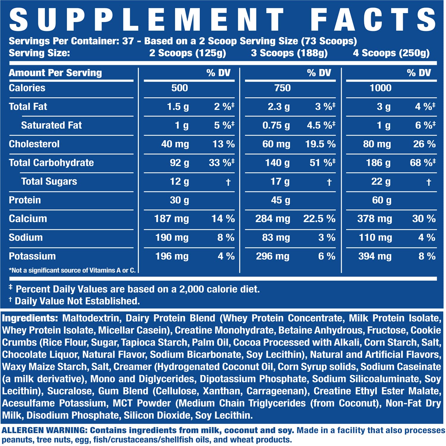 Nutrition panel close-up highlighting 60g protein per four-scoop serving.