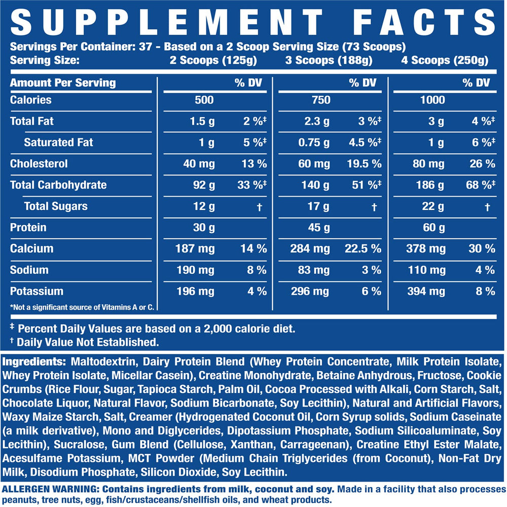 Nutrition panel close-up highlighting 60g protein per four-scoop serving.