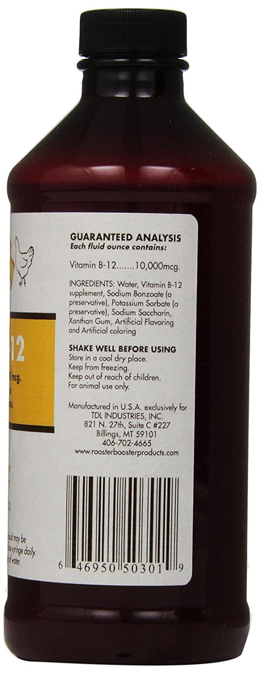Rooster Booster B-12 Liquid bottle label highlights high-concentration formula for birds.