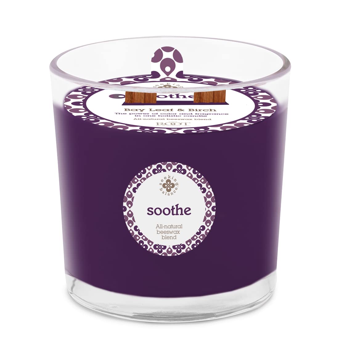 Root Candles Seeking Balance bay leaf birch spa candle in glass jar for relaxing spaces.
