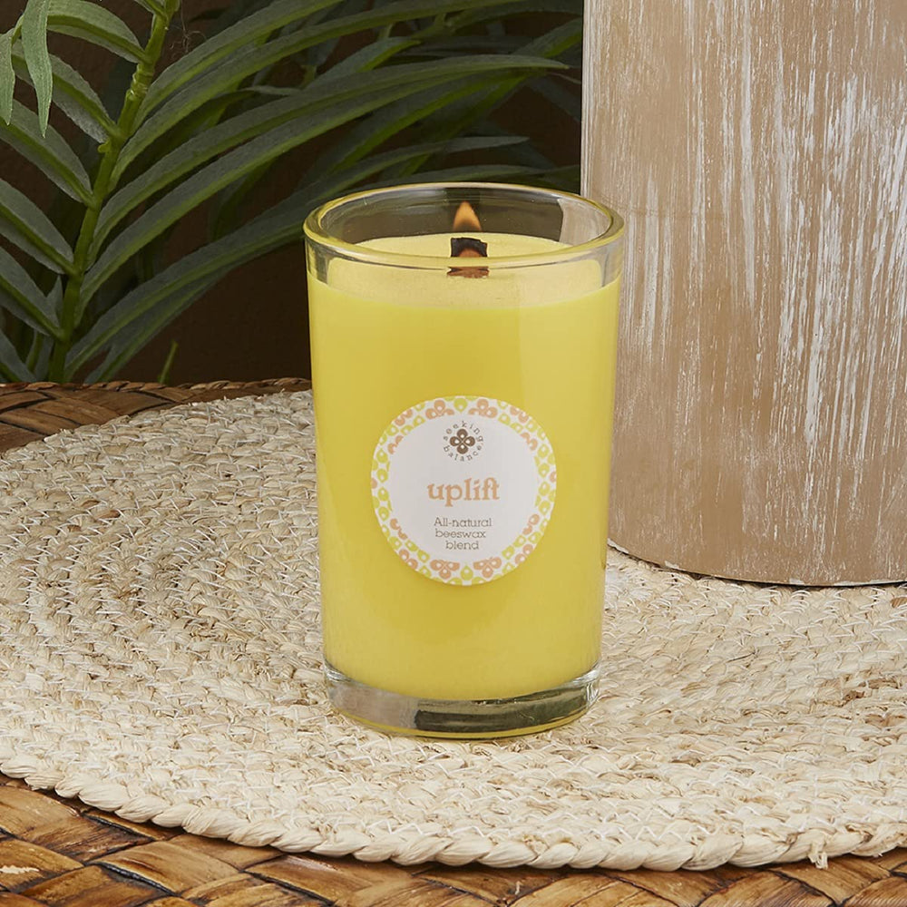 Crackling flame of Root Candles Seeking Balance adds cozy ambiance