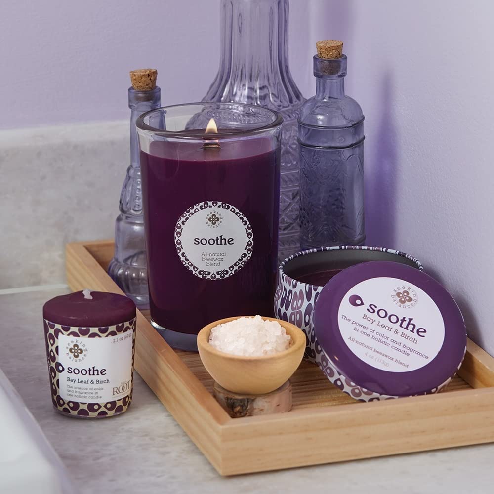 Root Candles Seeking Balance spa ambiance creates a tranquil space for relaxation.