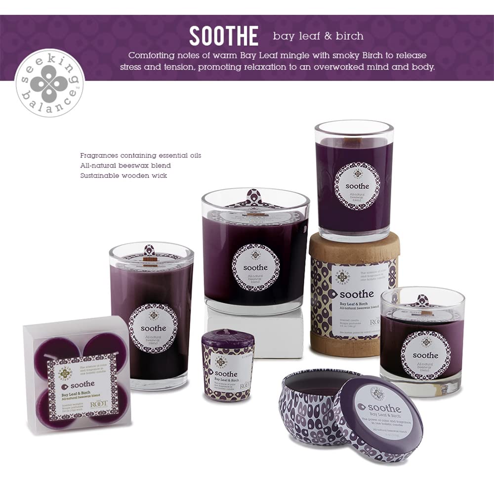 Root Candles Seeking Balance wood wick provides a clean burn with gentle crackle.