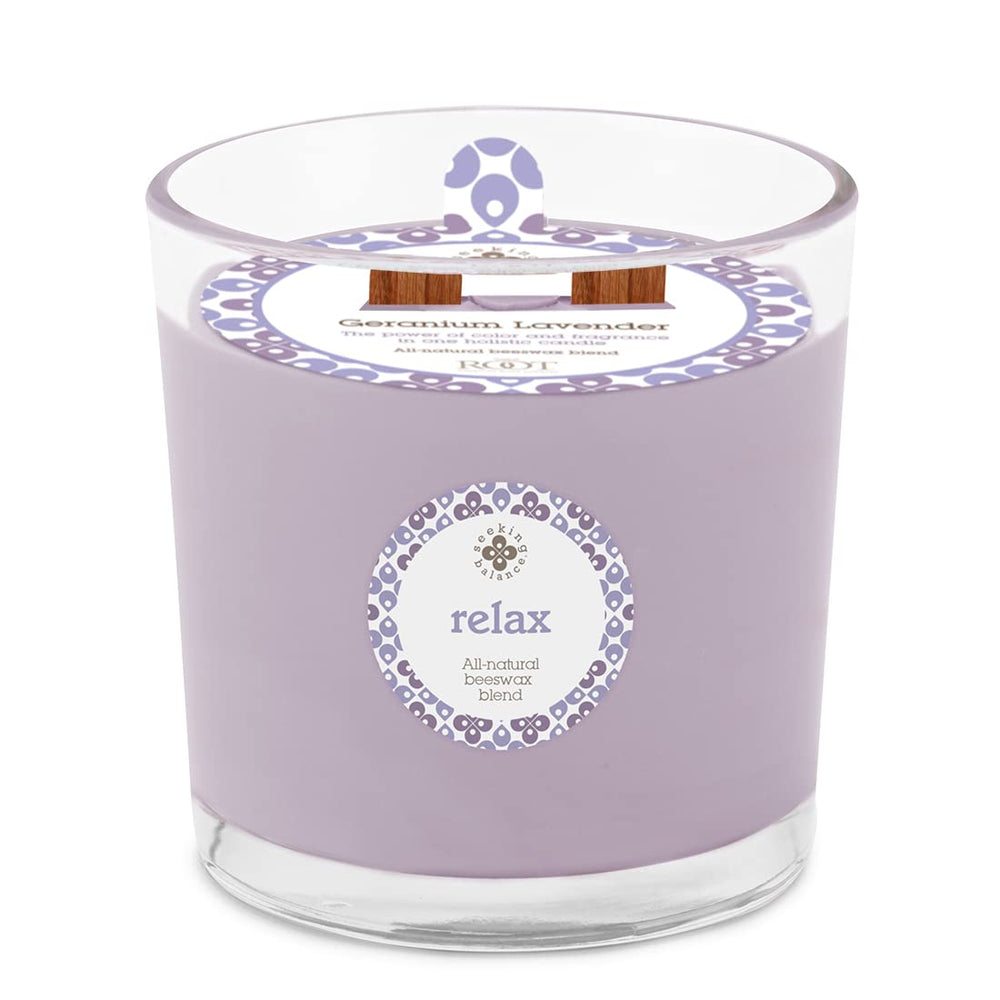 Root Candles Seeking Balance wood wick spa candle in glass jar for a calm burn.