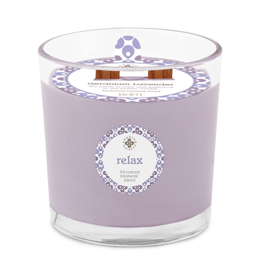 Root Candles Seeking Balance wood wick spa candle in glass jar for a calm burn.