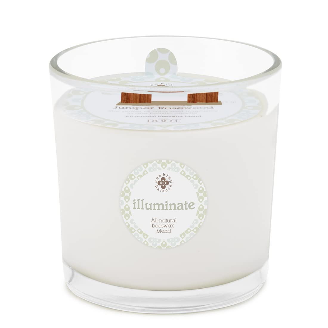Root Candles Seeking Balance wood wick spa candle glows softly for a calming space.