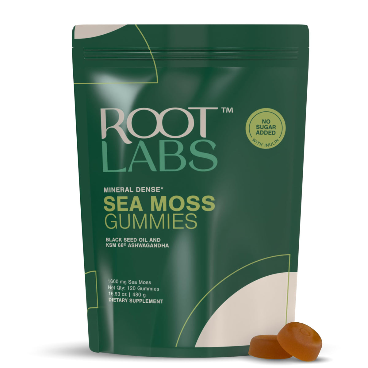 ROOT LABS Sea Moss Gummies packaging highlights 92+ minerals for daily wellness.