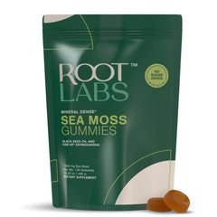 ROOT LABS Sea Moss Gummies packaging highlights 92+ minerals for daily wellness.