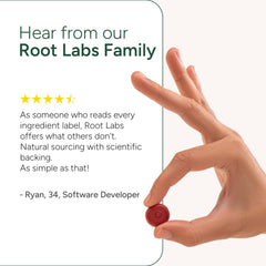 ROOT LABS Sea Moss Gummies on wood surface suggest daily wellness rituals.