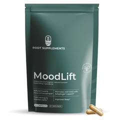 Root Supplements MoodLift bottle front highlights mood support for daily wellness.