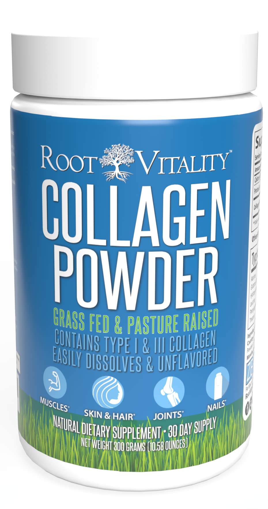 Root Vitality Collagen Peptides Powder bottle shows grass-fed formula for daily beauty support.