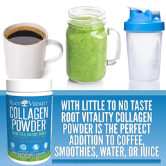Root Vitality Collagen Peptides Powder in coffee demonstrates seamless blending for a creamy boost.