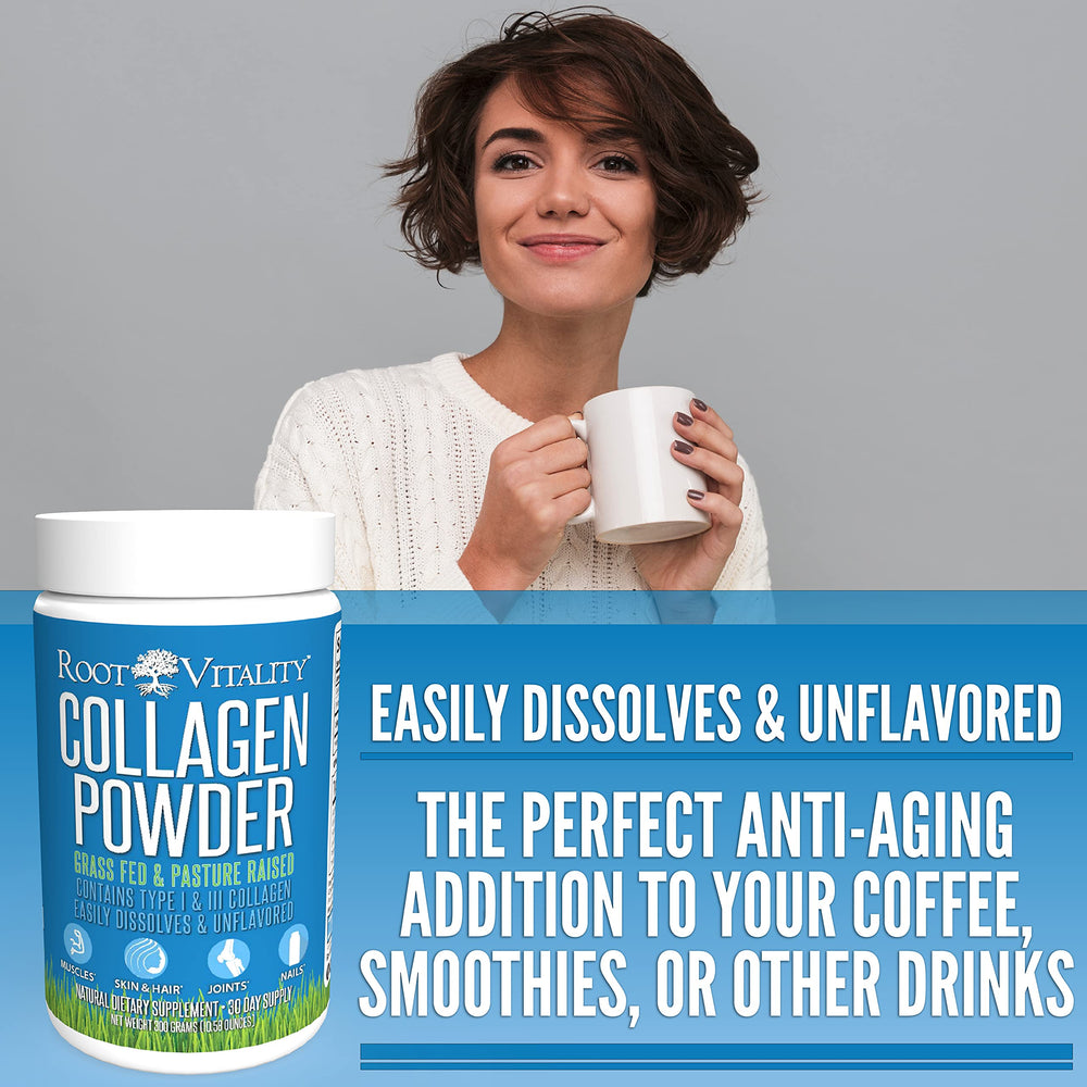Root Vitality Collagen Peptides Powder label-ingredients highlights collagen types 1 and 3.