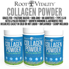 Root Vitality Collagen Peptides Powder measuring scoop emphasizes easy daily dosing.