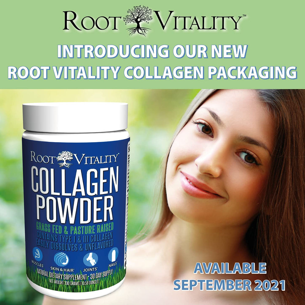 Root Vitality Collagen Peptides Powder scattered powder shows easy mixability.