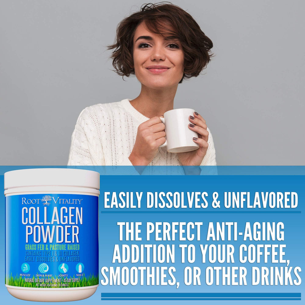 Root Vitality collagen powder packaging close-up showing non-GMO and third-party tested.