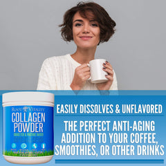 Root Vitality collagen powder packaging close-up showing non-GMO and third-party tested.
