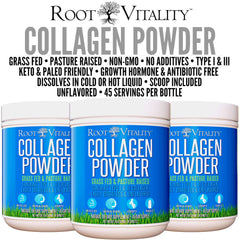 Root Vitality collagen powder being poured into a smoothie.