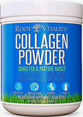 Root Vitality collagen powder tub front with grass-fed label for daily use.