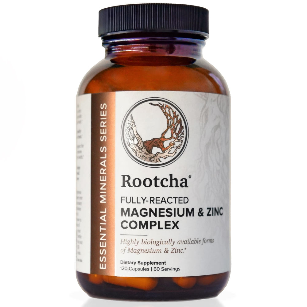 Rootcha Potent & Pure Magnesium & Zinc Complex bottle highlights pure formulation for daily wellness.