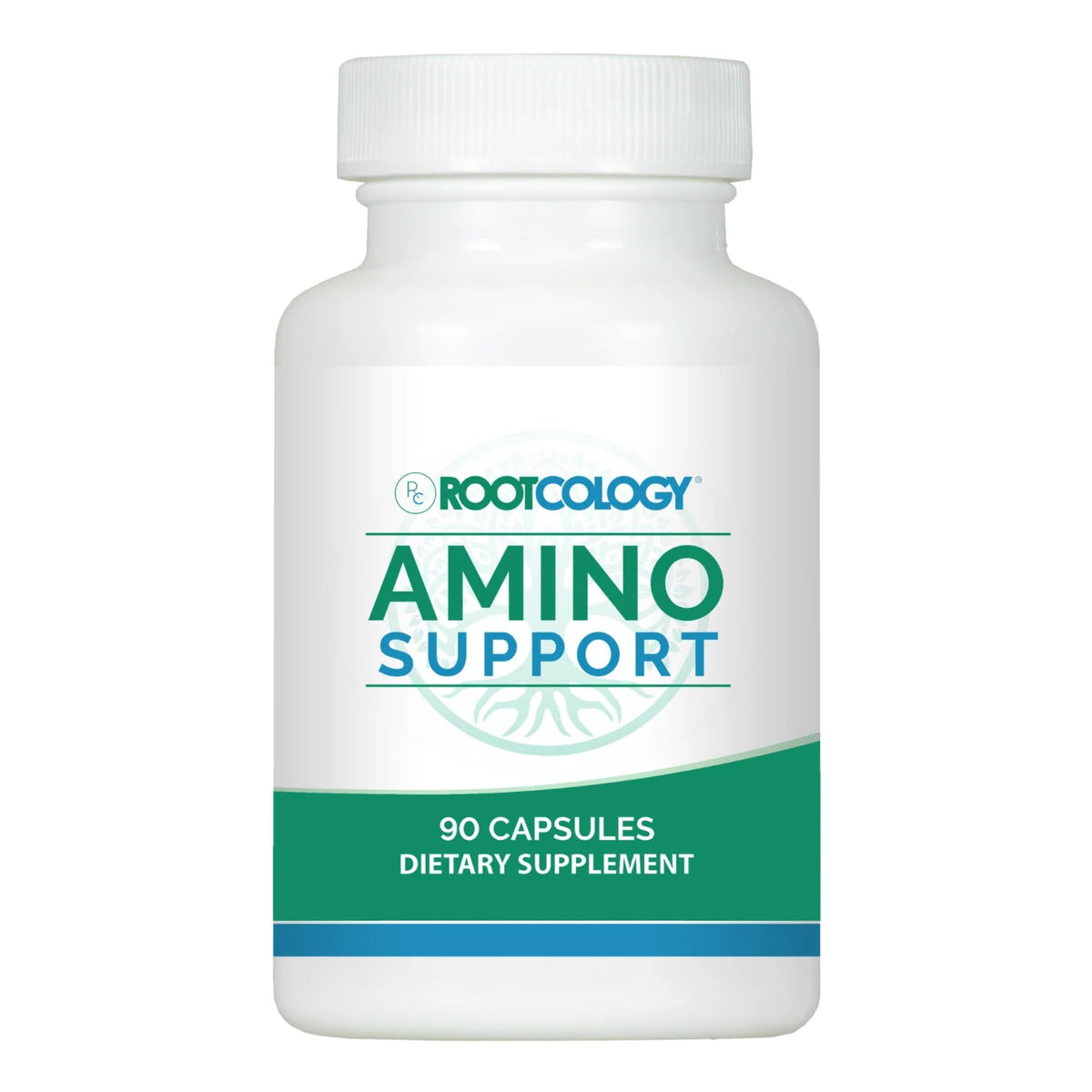 Rootcology Amino Support bottle front shows general wellness focus.